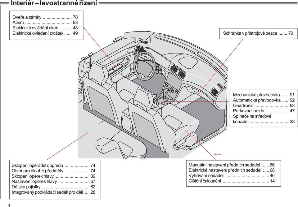 .. 38 8502000d Sklopení opěradel dopředu... 74 Otvor pro dlouhé předměty... 74 Sklopení opěrek hlavy... 39 Nastavení opěrek hlavy... 67 Dětské pojistky.
