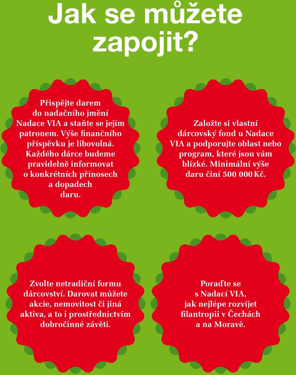Založte si vlastní dárcovský fond u Nadace VIA a podporujte oblast nebo program, které jsou vám blízké. Minimální výše daru činí 500 000 Kč.