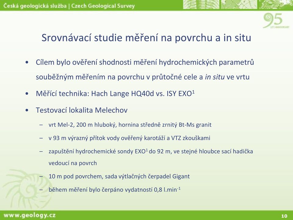 ISY EXO 1 Testovací lokalita Melechov vrt Mel-2, 200 m hluboký, hornina středně zrnitý Bt-Ms granit v 93 m výrazný přítok vody ověřený