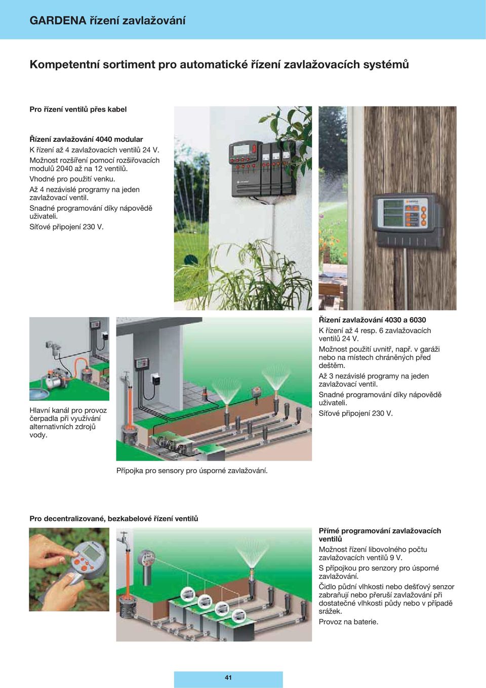 Síťové připojení 230 V. Hlavní kanál pro provoz čerpadla při využívání alternativních zdrojů vody. Řízení zavlažování 4030 a 6030 K řízení až 4 resp. 6 zavlažovacích ventilů 24 V.