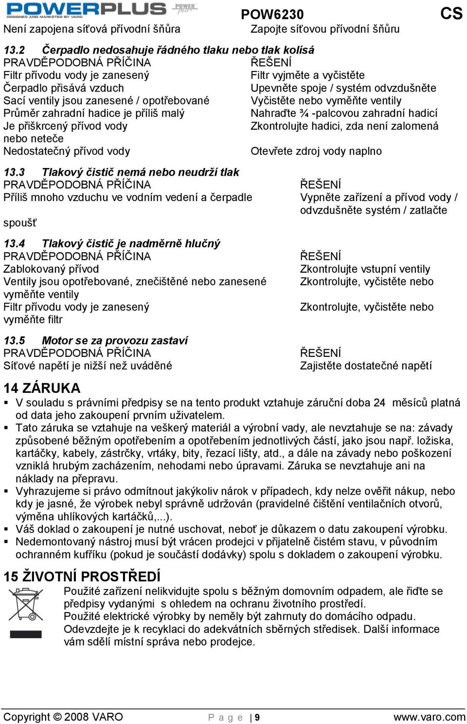 Sací ventily jsou zanesené / opotřebované Vyčistěte nebo vyměňte ventily Průměr zahradní hadice je příliš malý Nahraďte ¾ -palcovou zahradní hadicí Je přiškrcený přívod vody Zkontrolujte hadici, zda