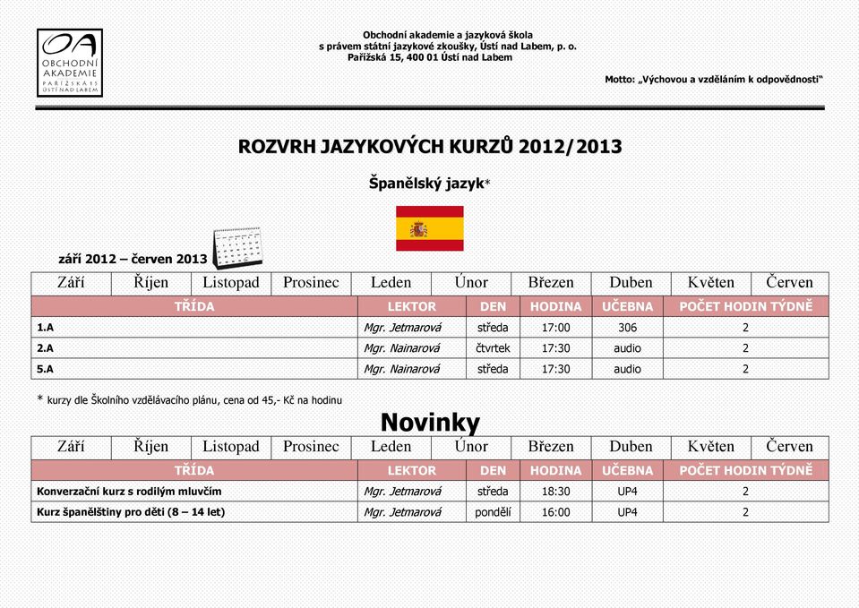 Nainarová středa 17:30 audio 2 * kurzy dle Školního vzdělávacího plánu, cena od 45,- Kč na