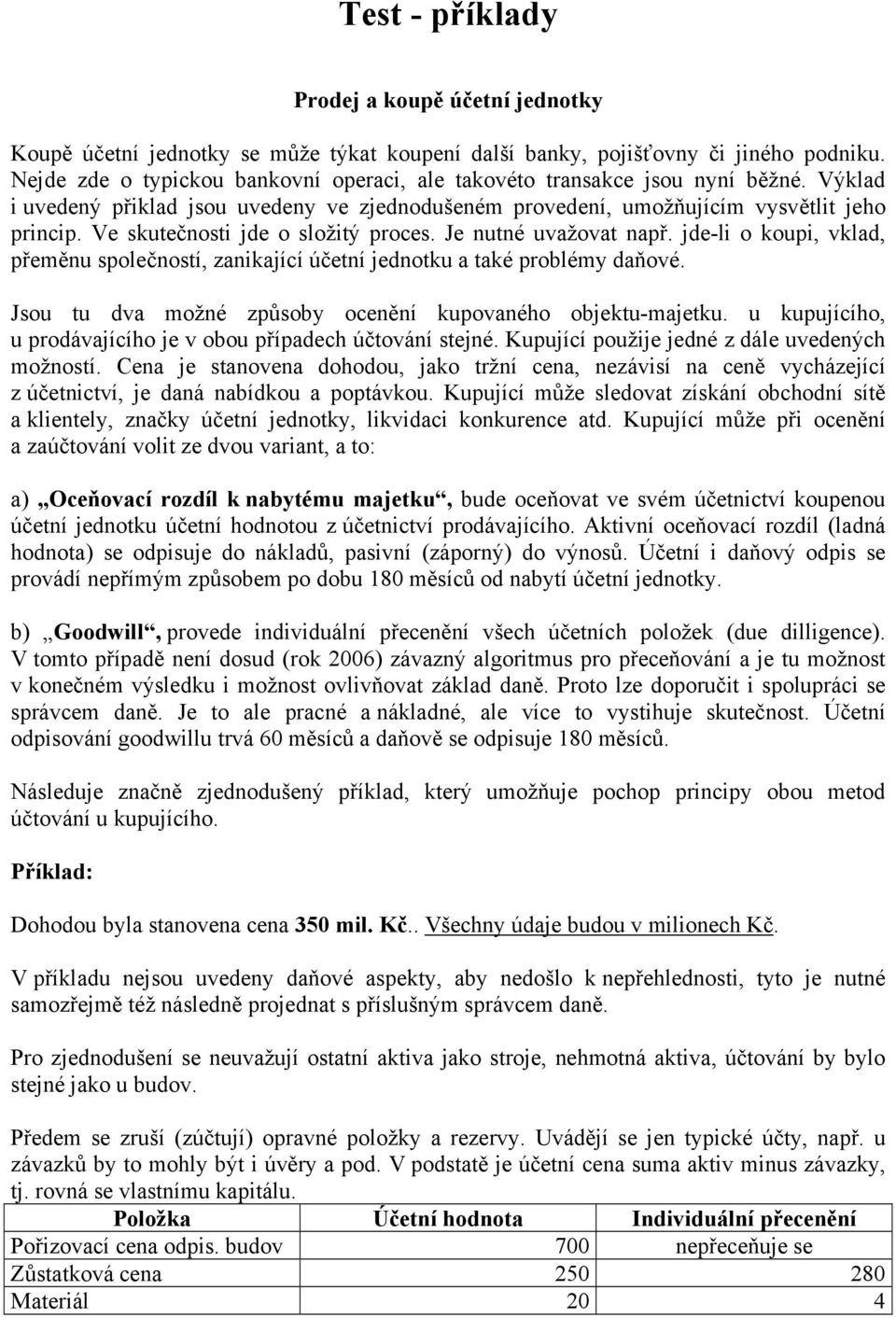 Ve skutečnosti jde o složitý proces. Je nutné uvažovat např. jde-li o koupi, vklad, přeměnu společností, zanikající účetní jednotku a také problémy daňové.