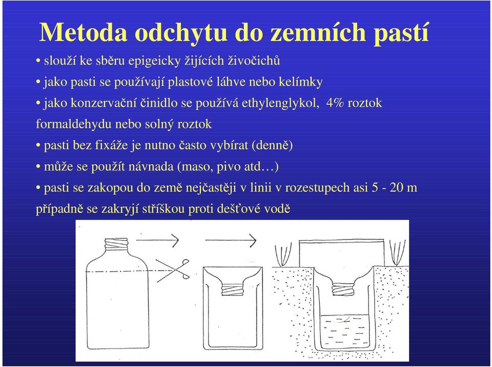 solný roztok pasti bez fixáže je nutno často vybírat (denně) může se použít návnada (maso, pivo atd )