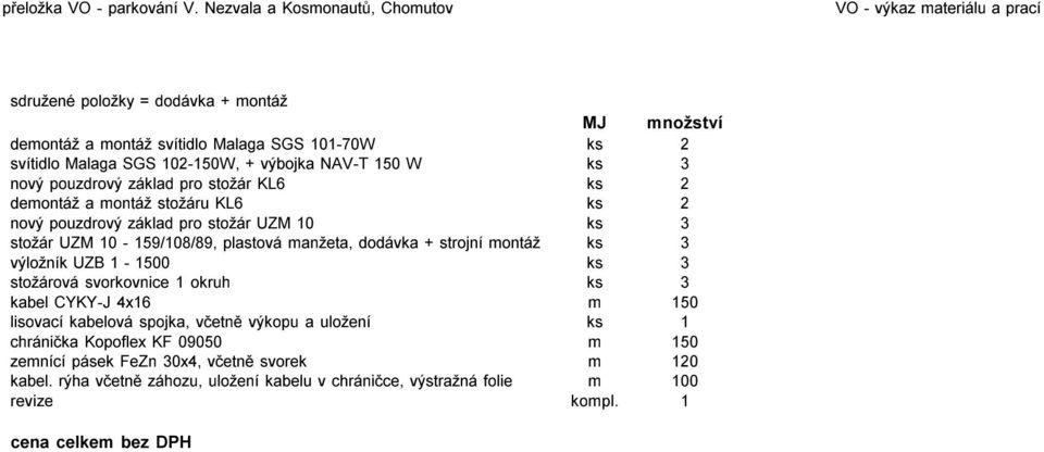 výbojka NAV-T 150 W ks 3 nový pouzdrový základ pro stožár KL6 ks 2 demontáž a montáž stožáru KL6 ks 2 nový pouzdrový základ pro stožár UZM 10 ks 3 stožár UZM 10-159/108/89, plastová manžeta,