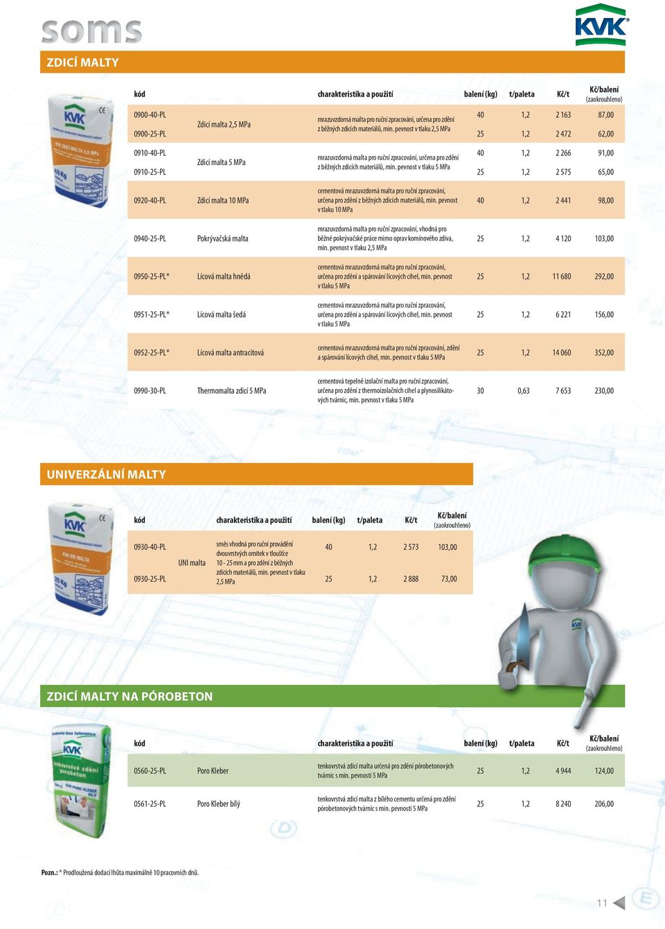 pevnost v tlaku 2,5 MPa 0900-25-PL 25 1,2 2 472 62,00 0910-40-PL 40 1,2 2 266 91,00 mrazuvzdorná malta pro ruční zpracování, určena pro zdění Zdicí malta 5 MPa z běžných zdicích  pevnost v tlaku 5