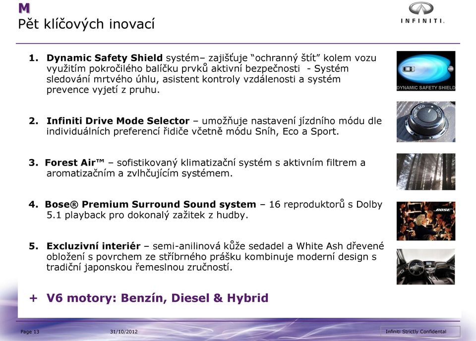 vyjetí z pruhu. DYNAMIC SAFETY SHIELD 2. Infiniti Drive Mode Selector umožňuje nastavení jízdního módu dle individuálních preferencí řidiče včetně módu Sníh, Eco a Sport. 3.