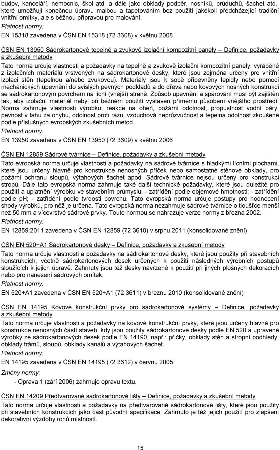 EN 15318 zavedena v ČSN EN 15318 (72 3608) v květnu 2008 ČSN EN 13950 Sádrokartonové tepelně a zvukově izolační kompozitní panely Definice, požadavky a zkušební metody Tato norma určuje vlastnosti a