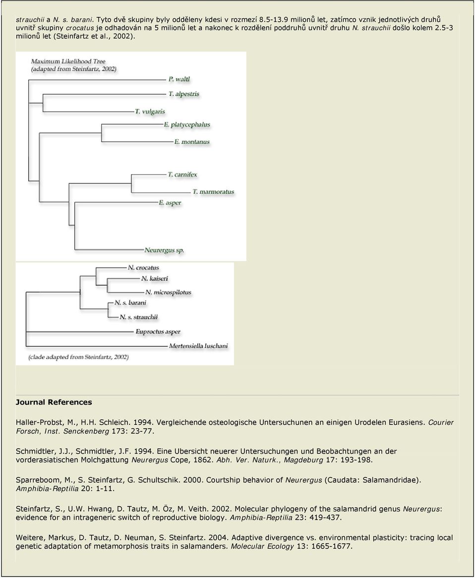 5-3 milionů let (Steinfartz et al., 2002). Journal References Haller-Probst, M., H.H. Schleich. 1994. Vergleichende osteologische Untersuchunen an einigen Urodelen Eurasiens. Courier Forsch, Inst.