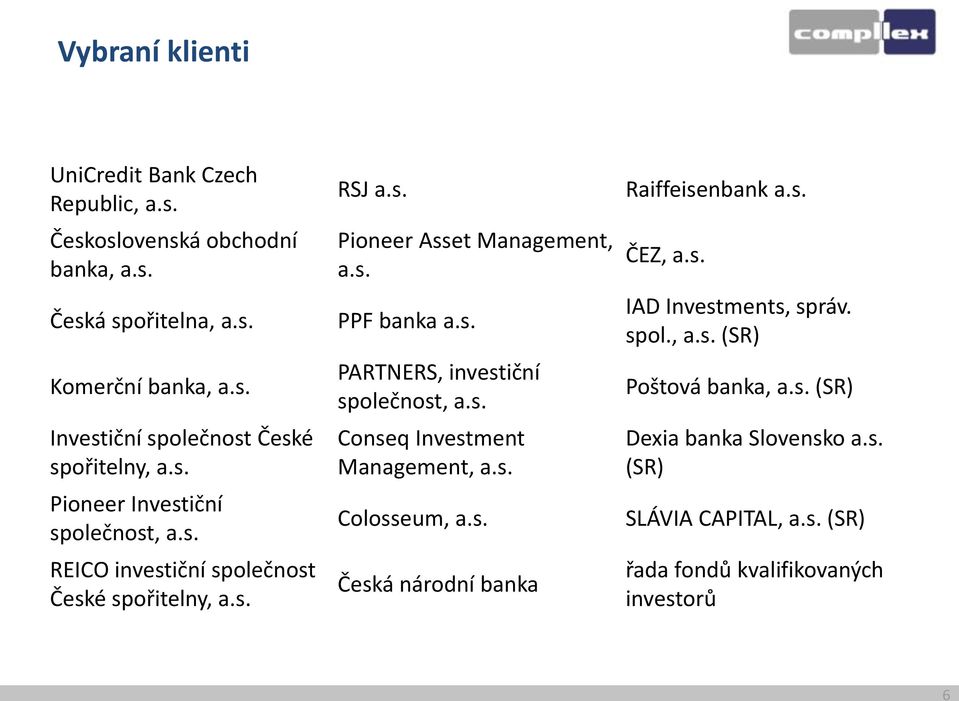 s. Conseq Investment Management, a.s. Colosseum, a.s. Česká národní banka Raiffeisenbank a.s. ČEZ, a.s. IAD Investments, správ. spol., a.s. (SR) Poštová banka, a.