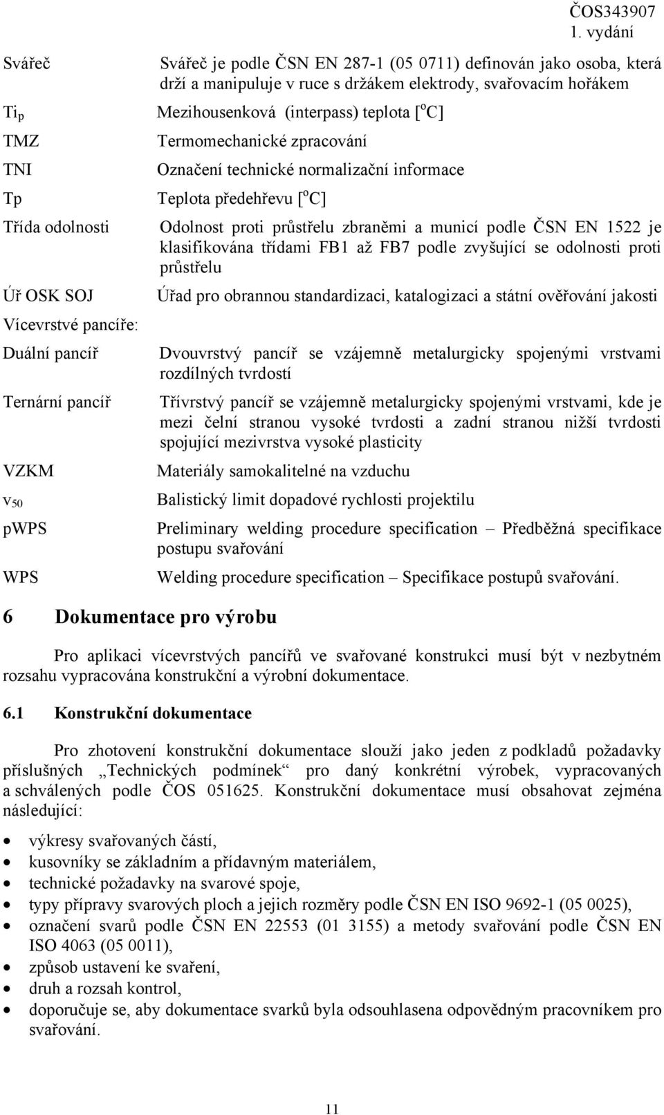 Dokumentace pro výrobu Odolnost proti průstřelu zbraněmi a municí podle ČSN EN 1522 je klasifikována třídami FB1 až FB7 podle zvyšující se odolnosti proti průstřelu Úřad pro obrannou standardizaci,