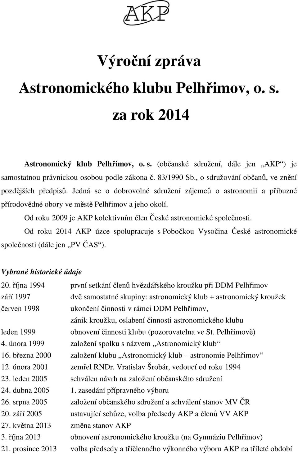 Od roku 2009 je AKP kolektivním člen České astronomické společnosti. Od roku 2014 AKP úzce spolupracuje s Pobočkou Vysočina České astronomické společnosti (dále jen PV ČAS ).