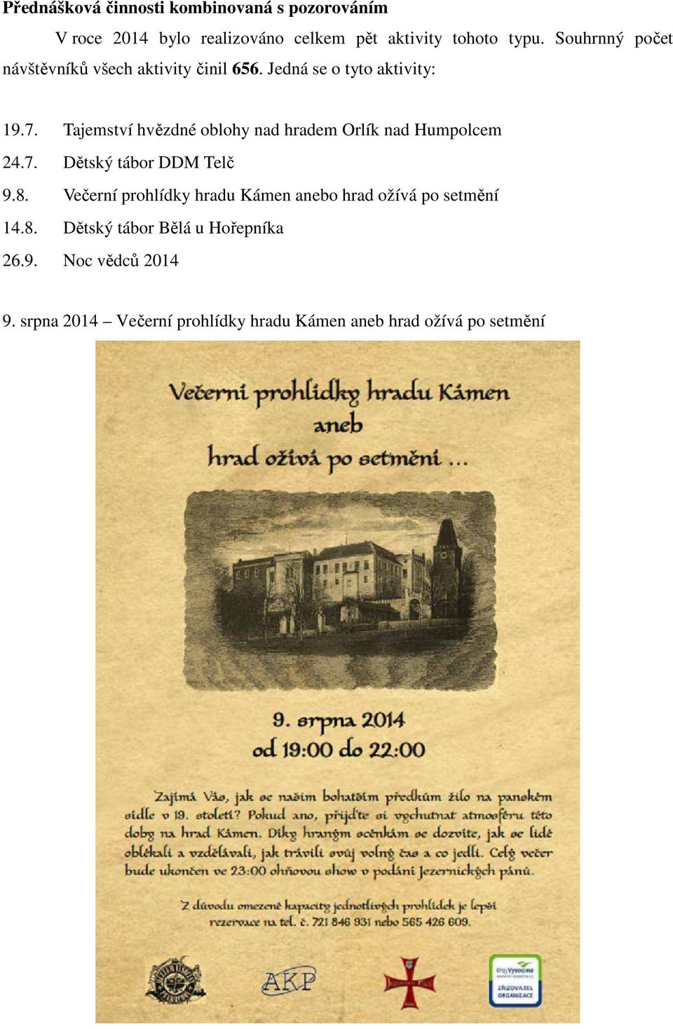 Tajemství hvězdné oblohy nad hradem Orlík nad Humpolcem 24.7. Dětský tábor DDM Telč 9.8.