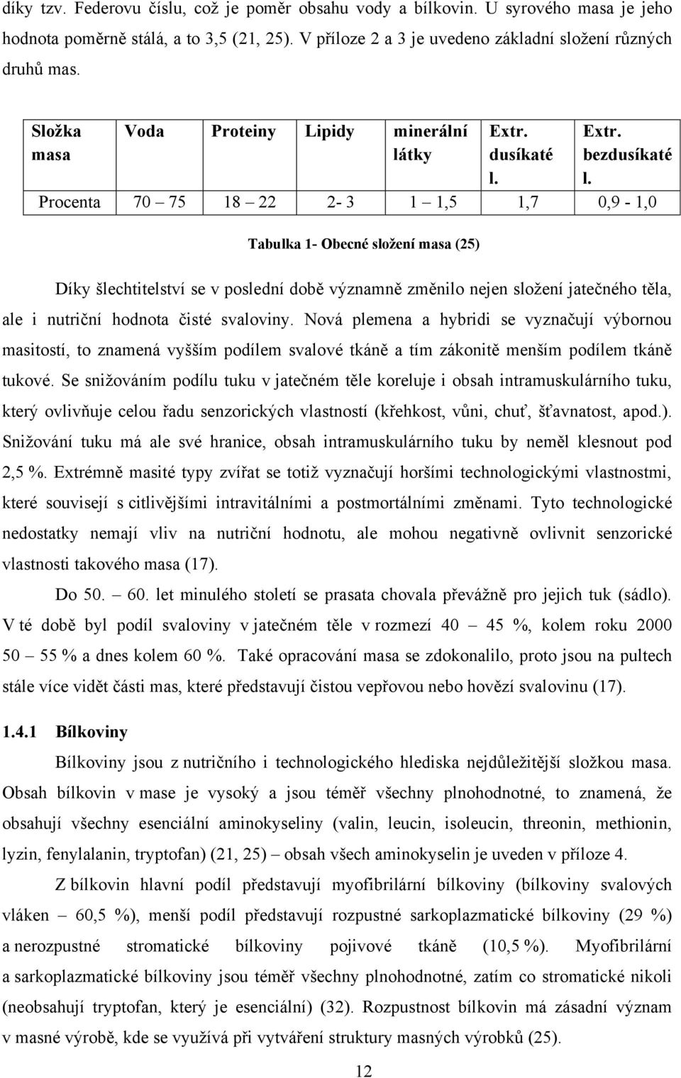 Procenta 70 75 18 22 2-3 1 1,5 1,7 0,9-1,0 Tabulka 1- Obecné složení masa (25) Díky šlechtitelství se v poslední době významně změnilo nejen sloţení jatečného těla, ale i nutriční hodnota čisté