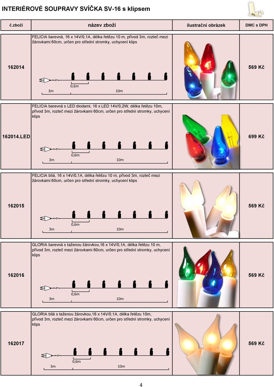 FELICIA barevná s LED diodami, 16 x LED 14V/0,2W, délka řetězu 10m, přívod, rozteč mezi žárovkami 60cm, určen pro střední stromky, uchycení klips 162014.
