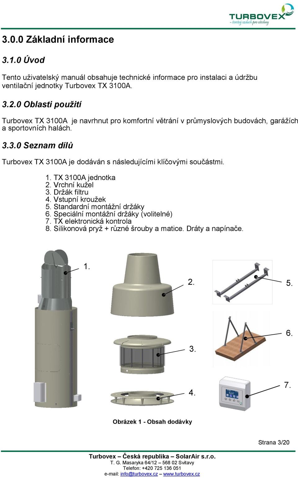 1. TX 3100A jednotka 2. Vrchní kužel 3. Držák filtru 4. Vstupní kroužek 5. Standardní montážní držáky 6. Speciální montážní držáky (volitelné) 7.