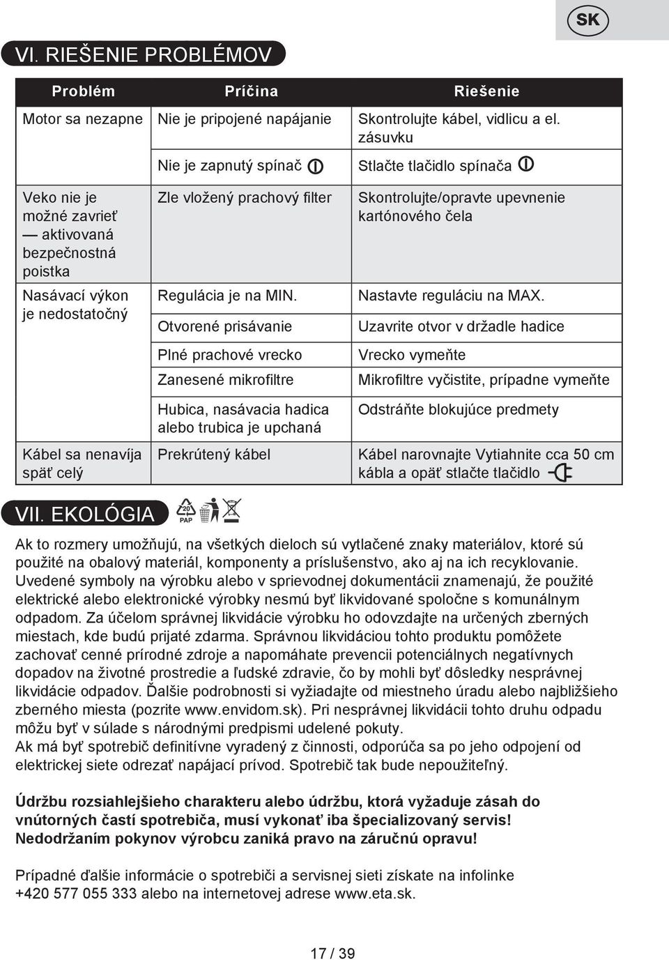 Otvorené prisávanie Plné prachové vrecko Zanesené mikrofiltre Hubica, nasávacia hadica alebo trubica je upchaná Prekrútený kábel Skontrolujte/opravte upevnenie kartónového čela Nastavte reguláciu na