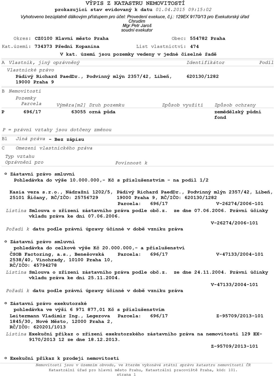 : 129EX 9170/13 pro Exekutorský úřad Chrudim Mgr.Petr Jaroš soudní exekutor 554782 Praha V kat.