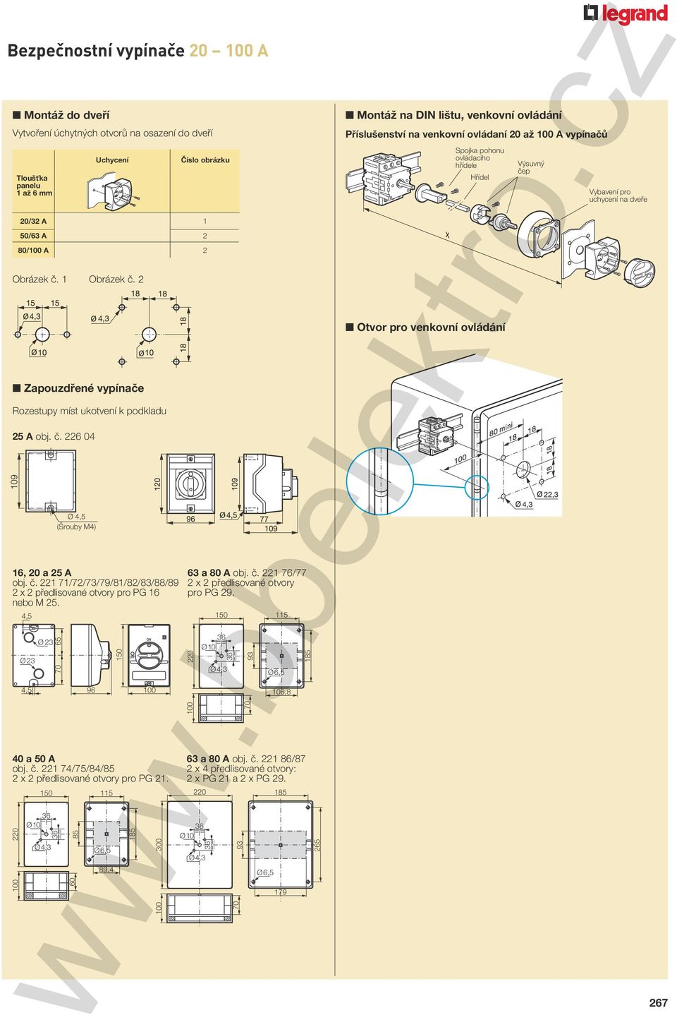 4,5 Ø 23 4,5 Ø 23 65 150 96 40 a 50 A obj. č. 221 74/75/84/85 2 x 2 předlisované otvory pro PG 21. 220 150 115 Ø 4,3 85 60 89,4 185 300 63 a 80 A obj. č. 221 76/77 2 x 2 předlisované otvory pro PG 29.
