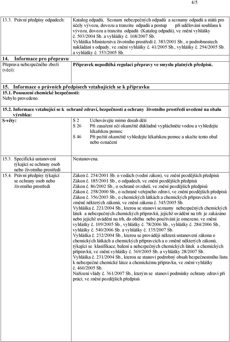 odpadů (Katalog odpadů), ve znění vyhlášky č. 503/2004 Sb. a vyhlášky č. 168/2007 Sb. Vyhláška Ministerstva životního prostředí č. 383/2001 Sb.