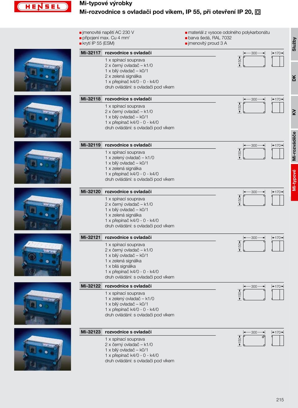 pod víkem materiál z vysoce odolného polykarbonátu barva šedá, RAL 7032 jmenovitý proud 3 A Mi-32118 rozvodnice s ovladači 1 x spínací souprava 2 x černý ovladač k1/0 1 x bílý ovladač k0/1 1 x