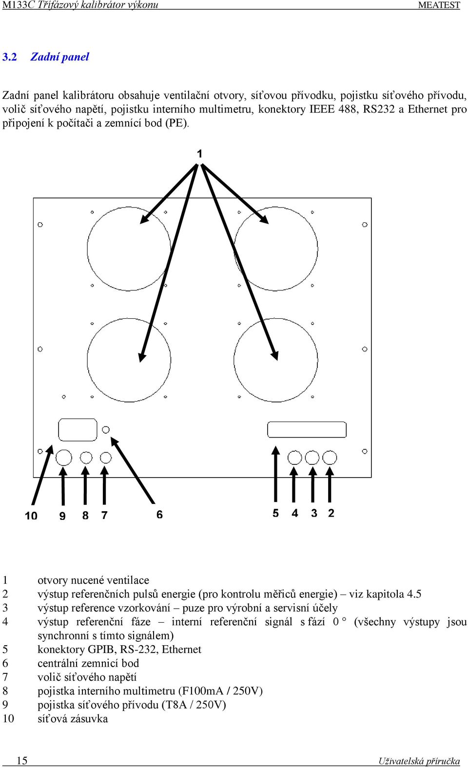 Ethernet pro připojení k počítači a zemnící bod (PE). 1 10 9 8 7 6 5 4 3 2 1 otvory nucené ventilace 2 výstup referenčních pulsů energie (pro kontrolu měřiců energie) viz kapitola 4.