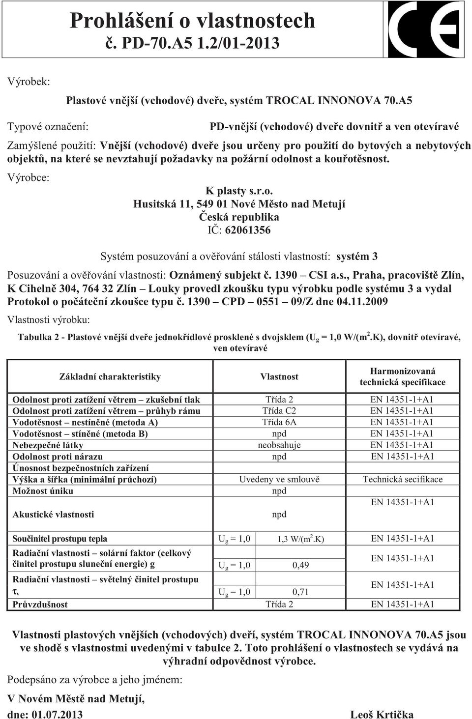 odolnost a kou ot snost. Protokol o po áte ní zkoušce typu. 1390 CPD 0551 09/Z dne 04.11.2009 i výrobku: Tabulka 2 - Plastové vn jší dve e jednok ídlové prosklené s dvojsklem (U g = 1,0 W/(m 2.