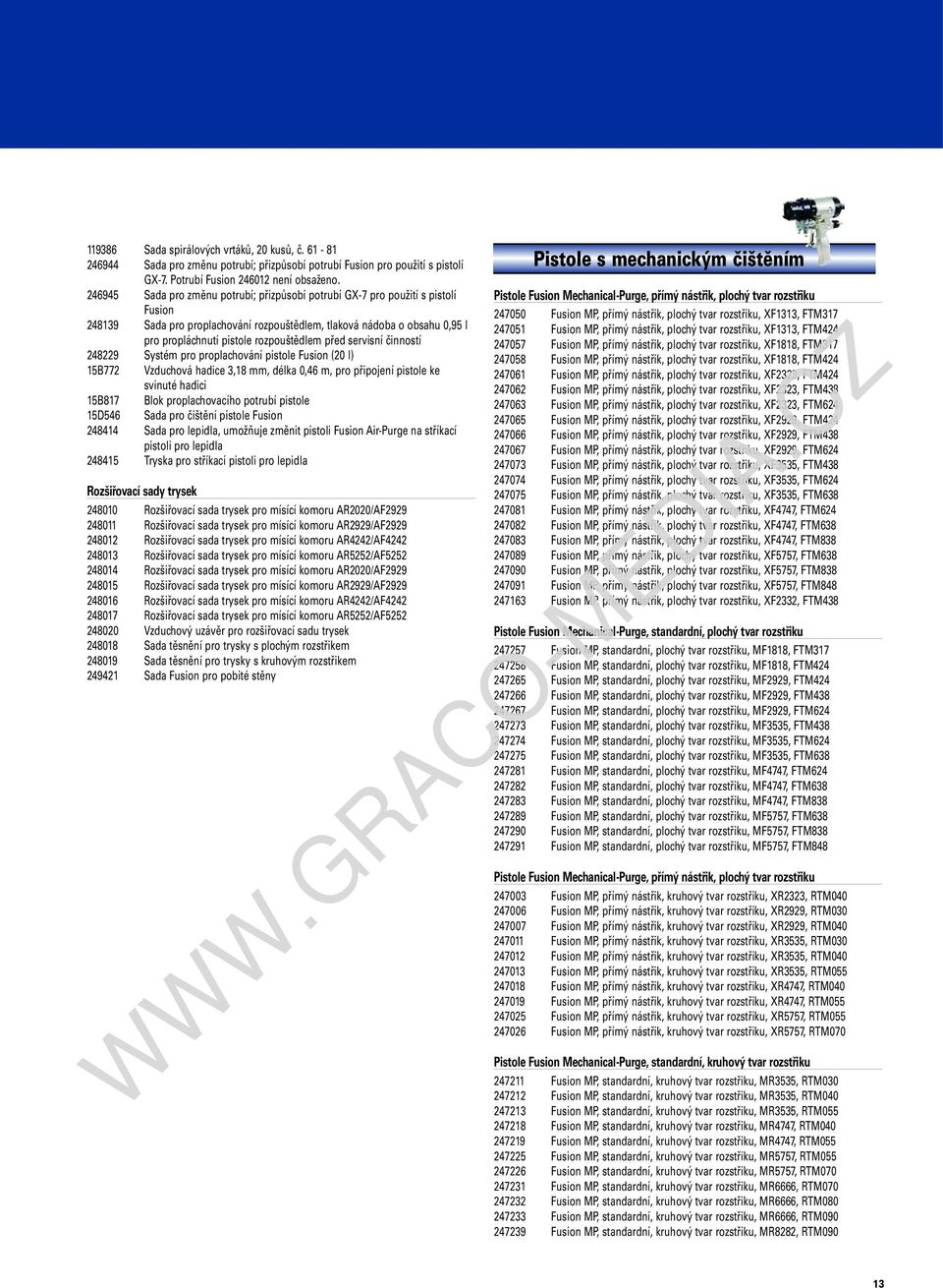 před servisní činností 248229 Systém pro proplachování pistole Fusion (20 l) 15B772 Vzduchová hadice 3,18 mm, délka 0,46 m, pro připojení pistole ke svinuté hadici 15B817 Blok proplachovacího potrubí