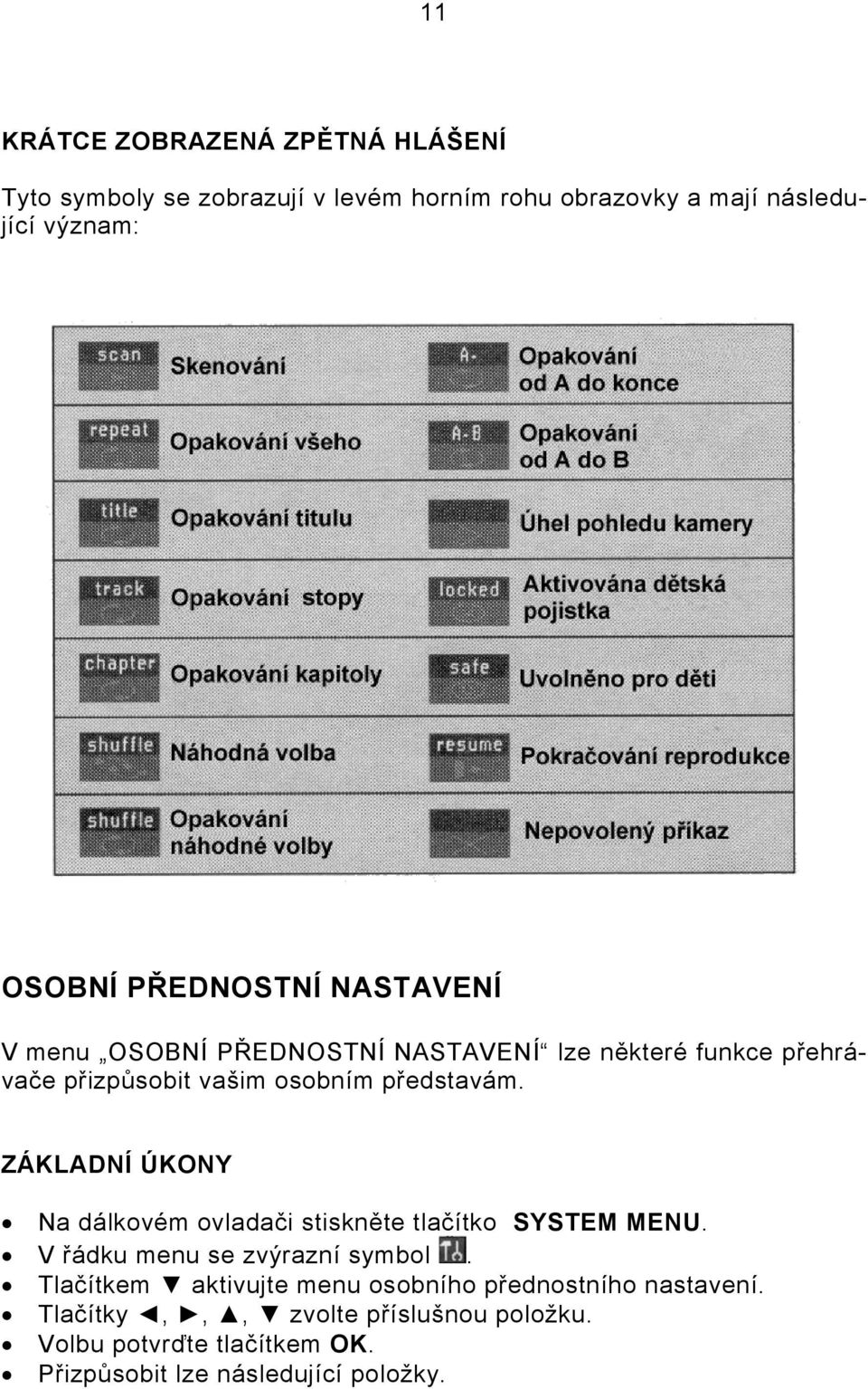 ZÁKLADNÍ ÚKONY Na dálkovém ovladači stiskněte tlačítko SYSTEM MENU. V řádku menu se zvýrazní symbol.