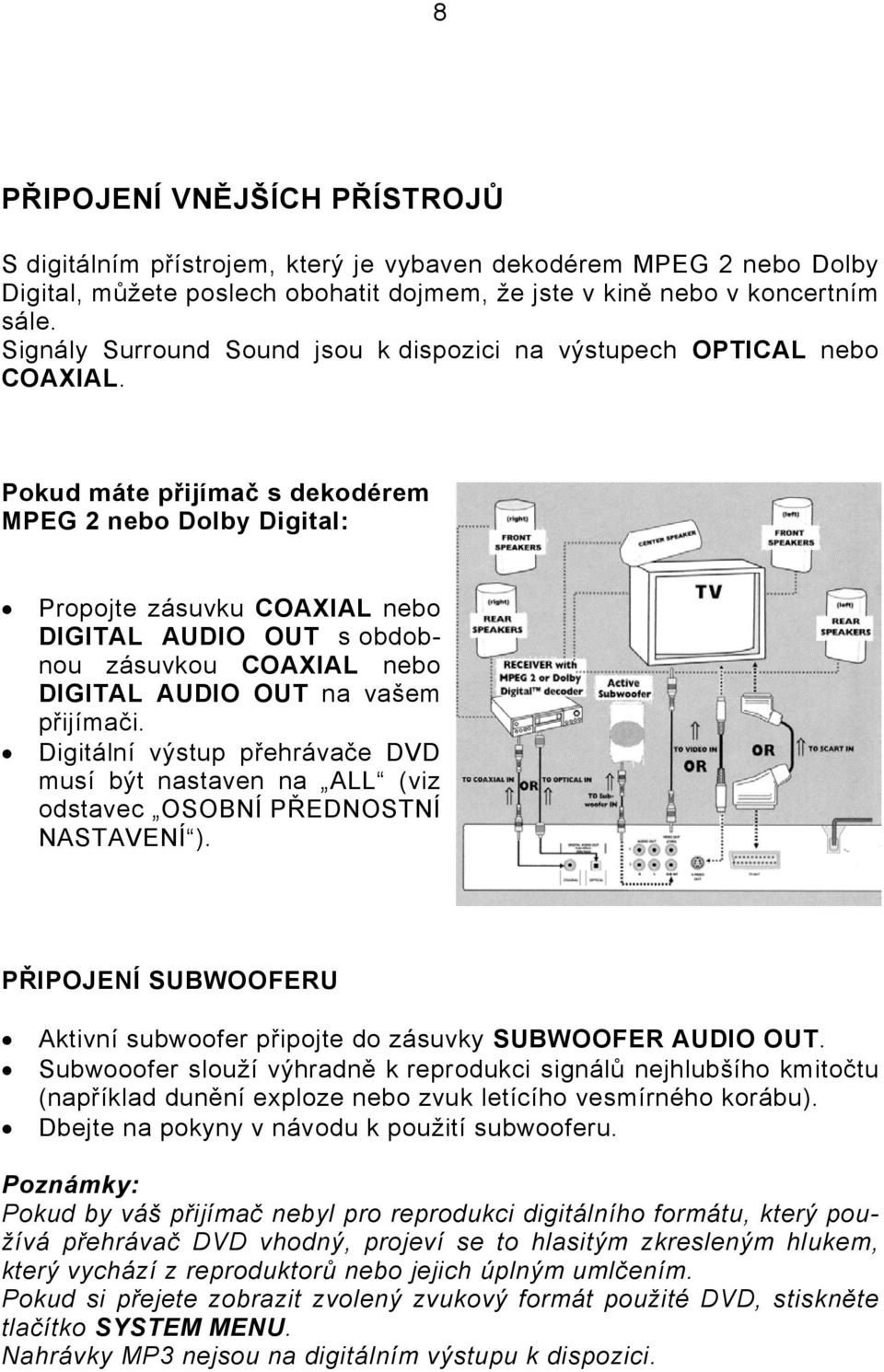 Pokud máte přijímač s dekodérem MPEG 2 nebo Dolby Digital: Propojte zásuvku COAXIAL nebo DIGITAL AUDIO OUT s obdobnou zásuvkou COAXIAL nebo DIGITAL AUDIO OUT na vašem přijímači.