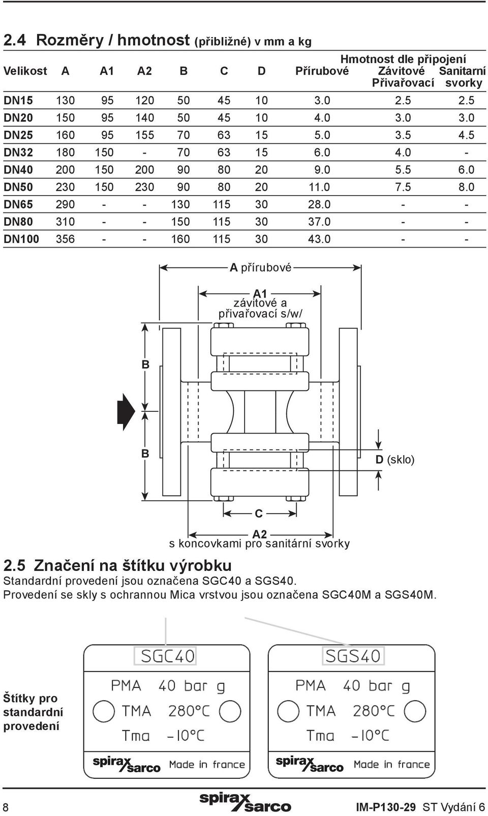 0 DN65 290 - - 130 115 30 28.0 - - DN80 310 - - 150 115 30 37.0 - - DN100 356 - - 160 115 30 43.0 - - A přírubové A1 závitové a přivařovací s/w/ B B D (sklo) 2.