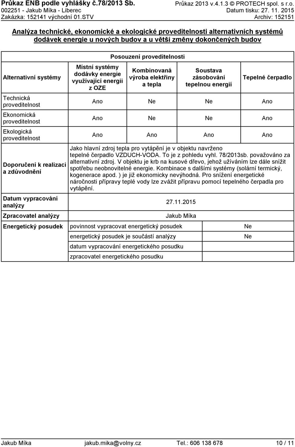 proveditelnost Ekonomická proveditelnost Ekologická proveditelnost Doporučení k realizaci a zdůvodnění Datum vypracování analýzy Zpracovatel analýzy Energetický posudek Místní systémy dodávky