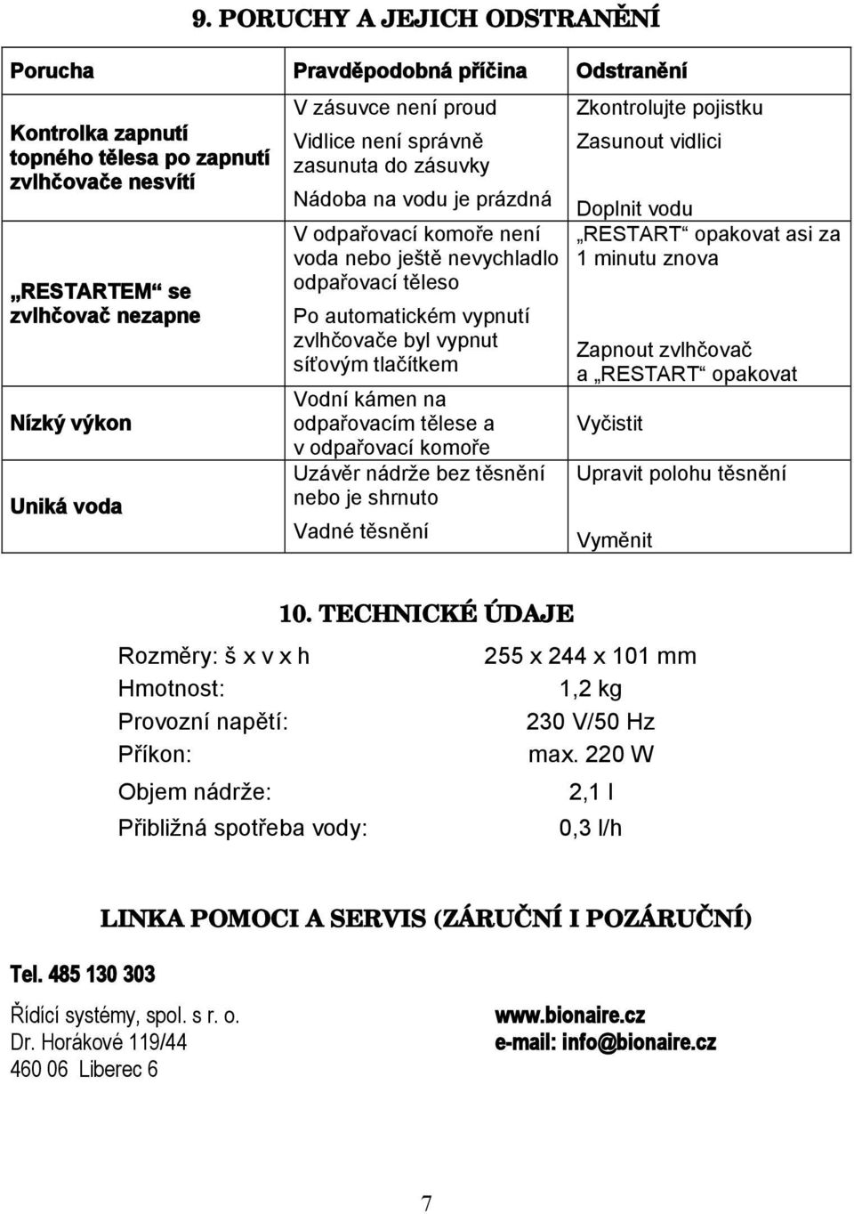 síťovým tlačítkem Vodní kámen na odpařovacím tělese a v odpařovací komoře Uzávěr nádrže bez těsnění nebo je shrnuto Vadné těsnění Zkontrolujte pojistku Zasunout vidlici Doplnit vodu RESTART opakovat