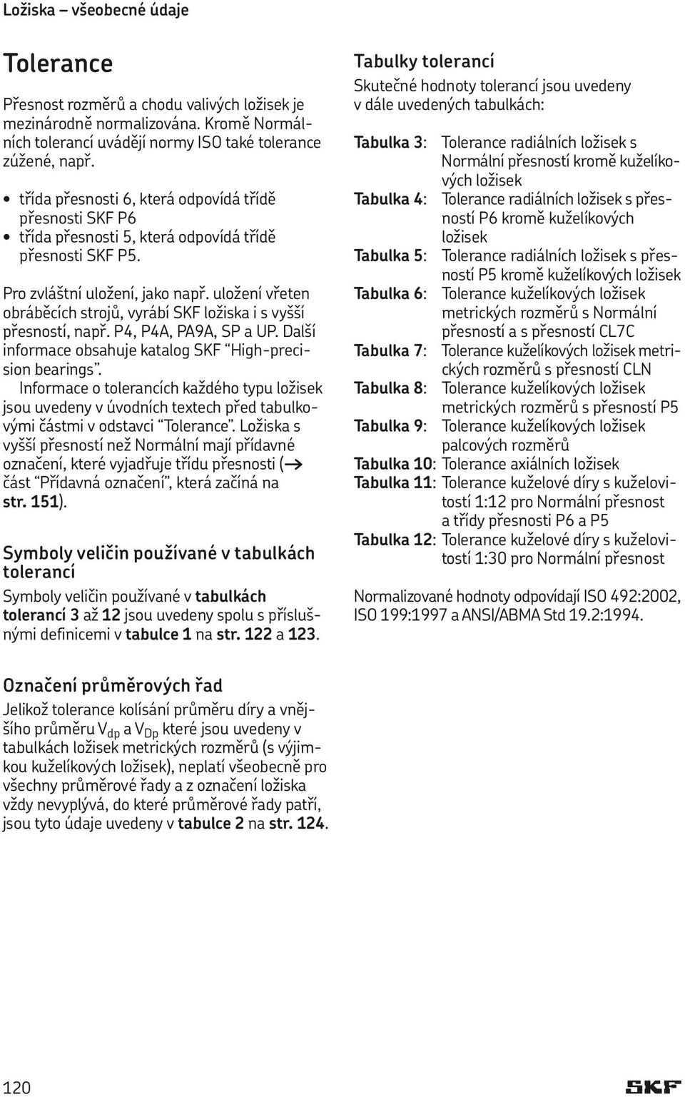 uložení vřeten obráběcích strojů, vyrábí SKF ložiska i s vyšší přesností, např. P4, P4A, PA9A, SP a UP. Další informace obsahuje katalog SKF High-precision bearings.