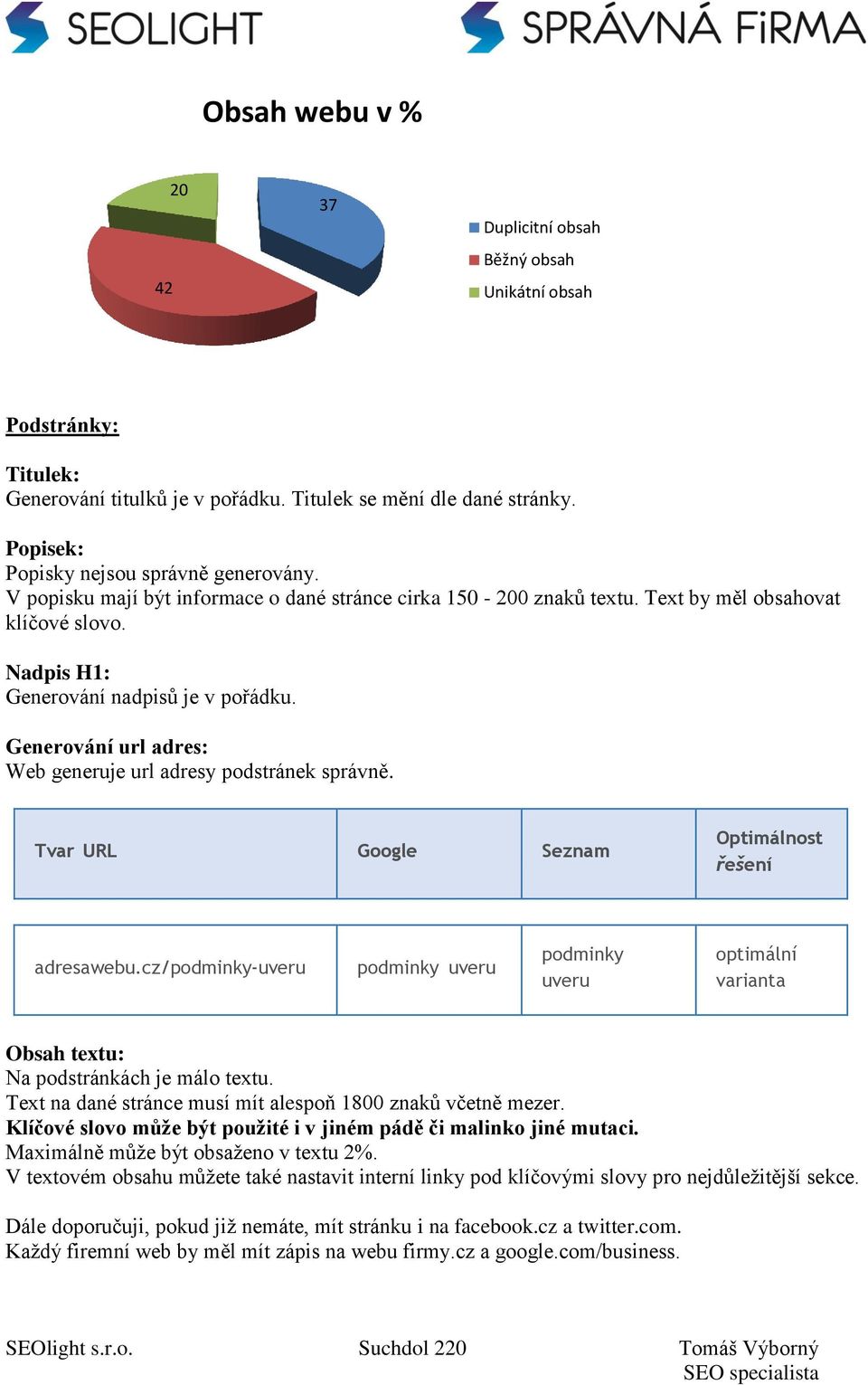 Generování url adres: Web generuje url adresy podstránek správně. Tvar URL Google Seznam Optimálnost řešení adresawebu.