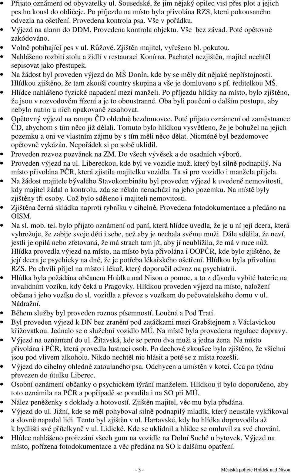 pokutou. Nahlášeno rozbití stolu a židlí v restauraci Konírna. Pachatel nezjištěn, majitel nechtěl sepisovat jako přestupek.
