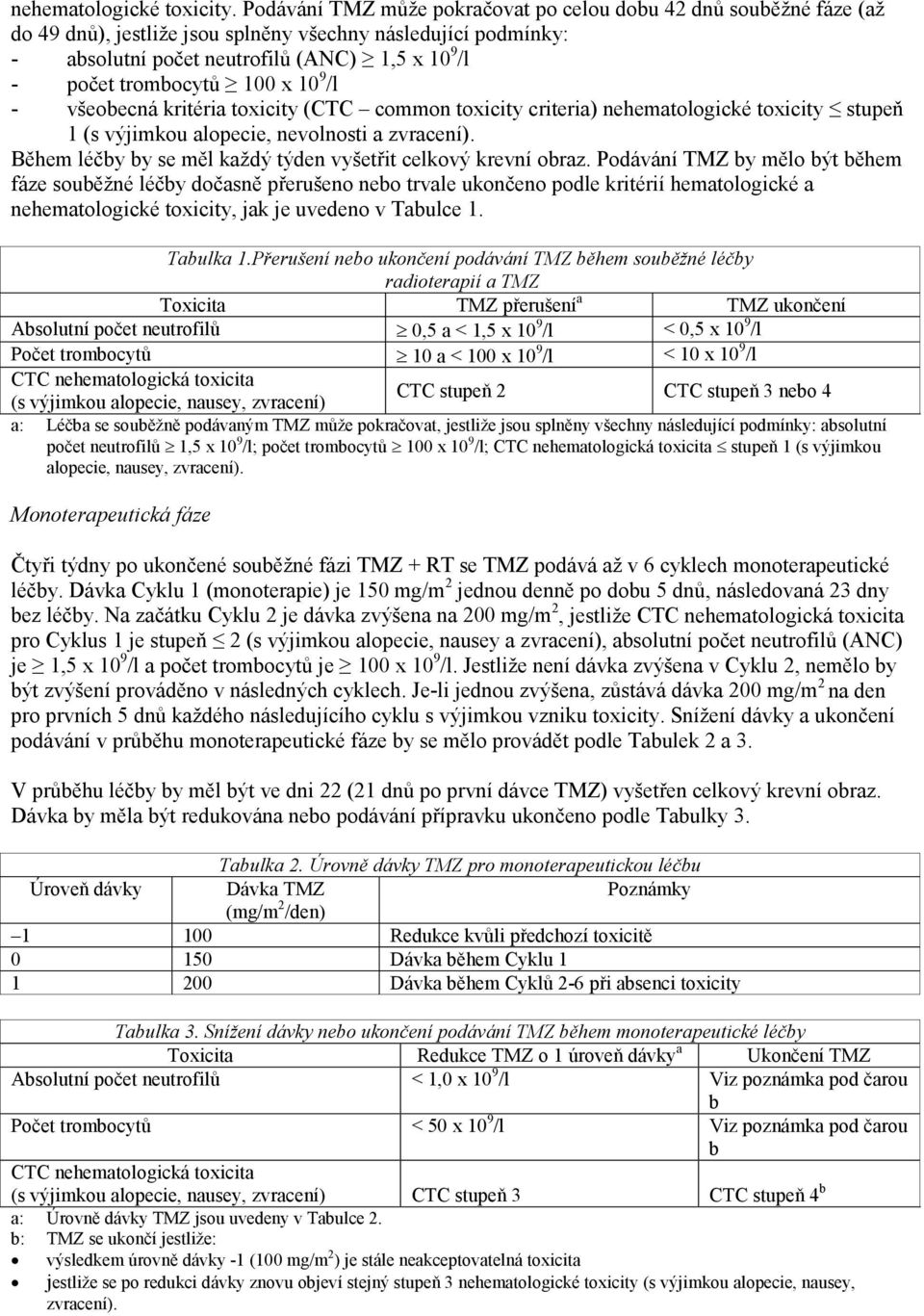 100 x 10 9 /l - všeobecná kritéria toxicity (CTC common toxicity criteria) nehematologické toxicity stupeň 1 (s výjimkou alopecie, nevolnosti a zvracení).