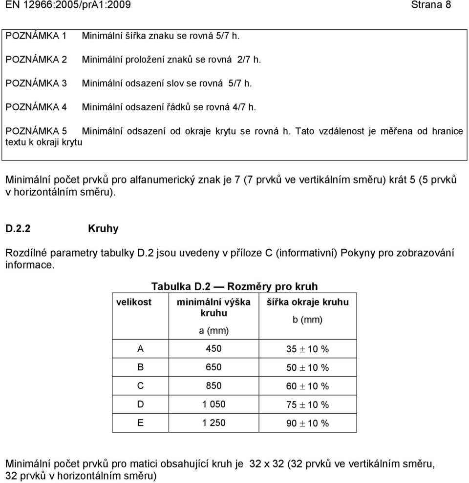 Tato vzdálenost je měřena od hranice textu k okraji krytu Minimální počet prvků pro alfanumerický znak je 7 (7 prvků ve vertikálním směru) krát 5 (5 prvků v horizontálním směru). D.2.