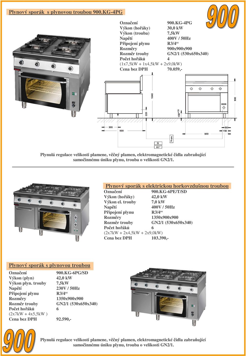 KG-6PE/T/SD (hořáky) 42,0 kw el. trouby 7,0 kw Připojení plynu R3/4 1350x900x900 Rozměr trouby GN2/1 (530x650x340) Počet hořáků 6 (2x7kW + 2x4,5kW + 2x9,0kW) 103.
