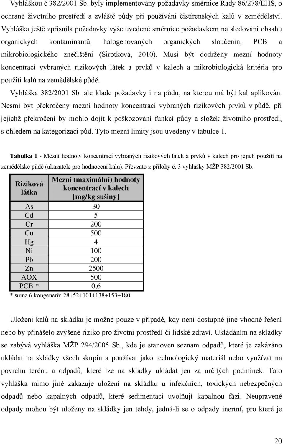 2010). Musí být dodrženy mezní hodnoty koncentrací vybraných rizikových látek a prvků v kalech a mikrobiologická kritéria pro použití kalů na zemědělské půdě. Vyhláška 382/2001 Sb.