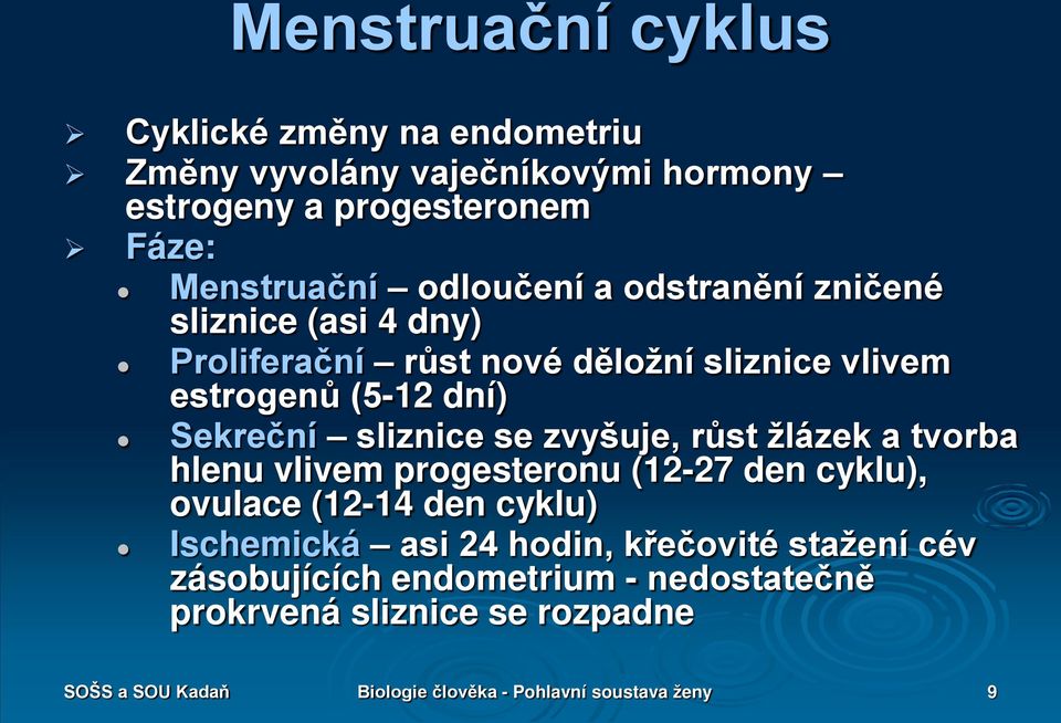 se zvyšuje, růst žlázek a tvorba hlenu vlivem progesteronu (12-27 den cyklu), ovulace (12-14 den cyklu) Ischemická asi 24 hodin,