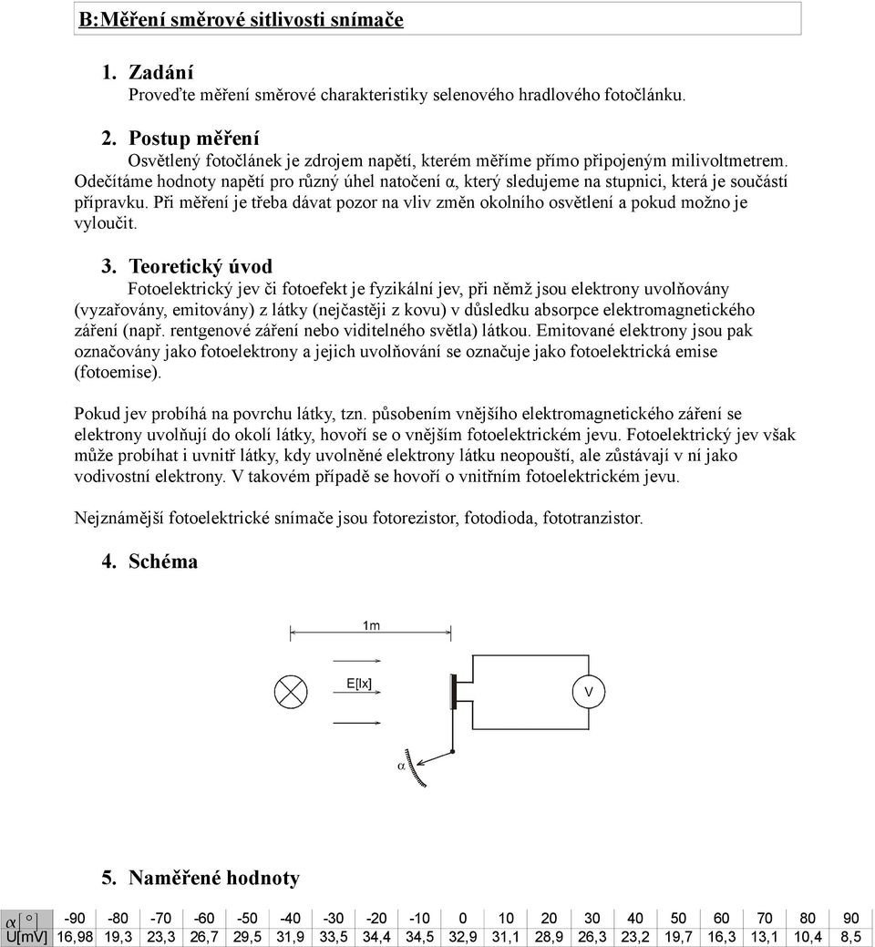 Odečítáme hodnoty napětí pro různý úhel natočení α, který sledujeme na stupnici, která je součástí přípravku. Při měření je třeba dávat pozor na vliv změn okolního osvětlení a pokud možno je vyloučit.