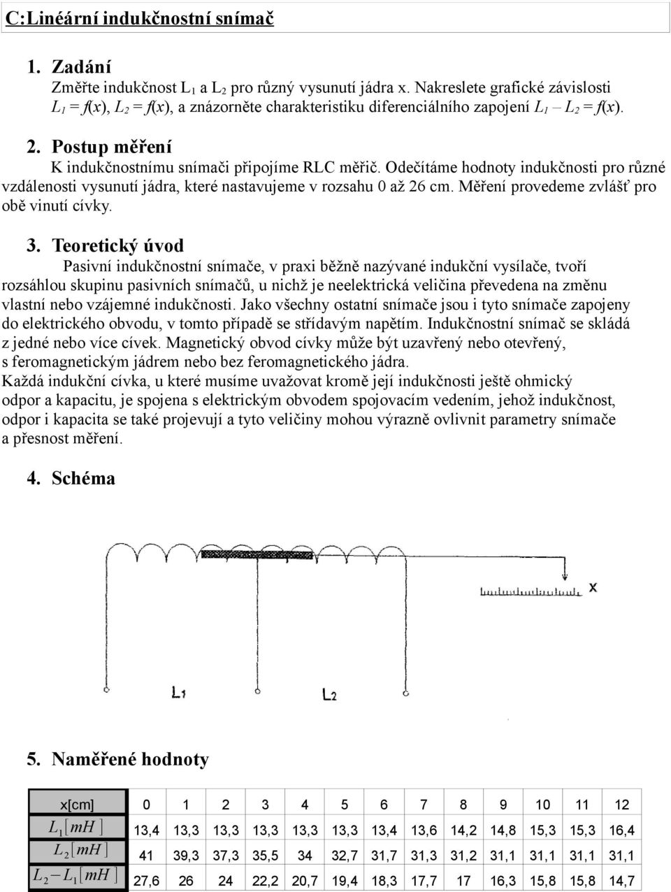 Odečítáme hodnoty indukčnosti pro různé vzdálenosti vysunutí jádra, které nastavujeme v rozsahu až 26 cm. Měření provedeme zvlášť pro obě vinutí cívky. 3.