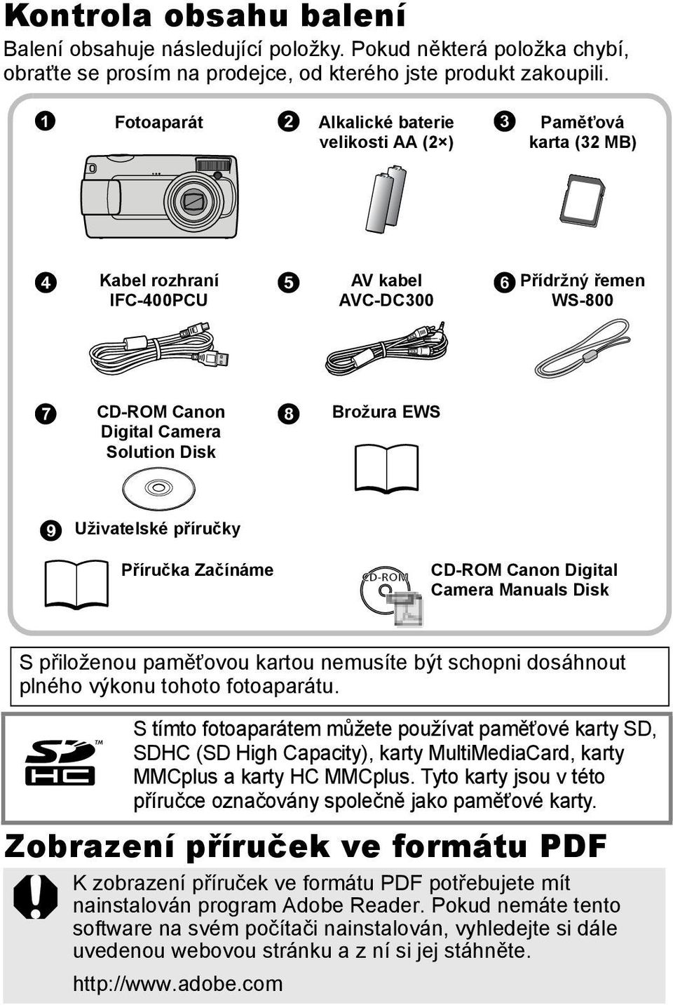 Brožura EWS i Uživatelské příručky Příručka Začínáme CD-ROM Canon Digital Camera Manuals Disk S přiloženou paměťovou kartou nemusíte být schopni dosáhnout plného výkonu tohoto fotoaparátu.