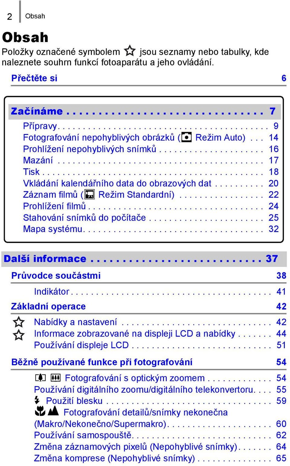 ........................................... 18 Vkládání kalendářního data do obrazových dat.......... 20 Záznam filmů ( Režim Standardní)................. 22 Prohlížení filmů.