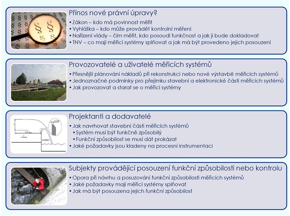 provedeno jejich posouzení Provozovatelé a uživatelé měřicích systémů Přesnější plánování nákladů při rekonstrukci nebo nové výstavbě měřicích systémů Jednoznačné podmínky pro přejímku stavební a