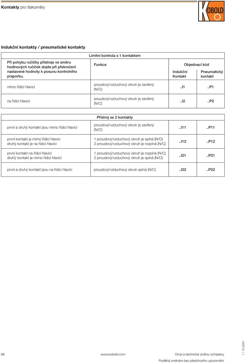 .P1 na řídicí hlavici proudový/vzduchový okruh je zavřený (N/C)..I2..P2 Přístroj se 2 kontakty první a druhý kontakt jsou mimo řídicí hlavici proudový/vzduchový okruh je zavřený (N/O)..I11.