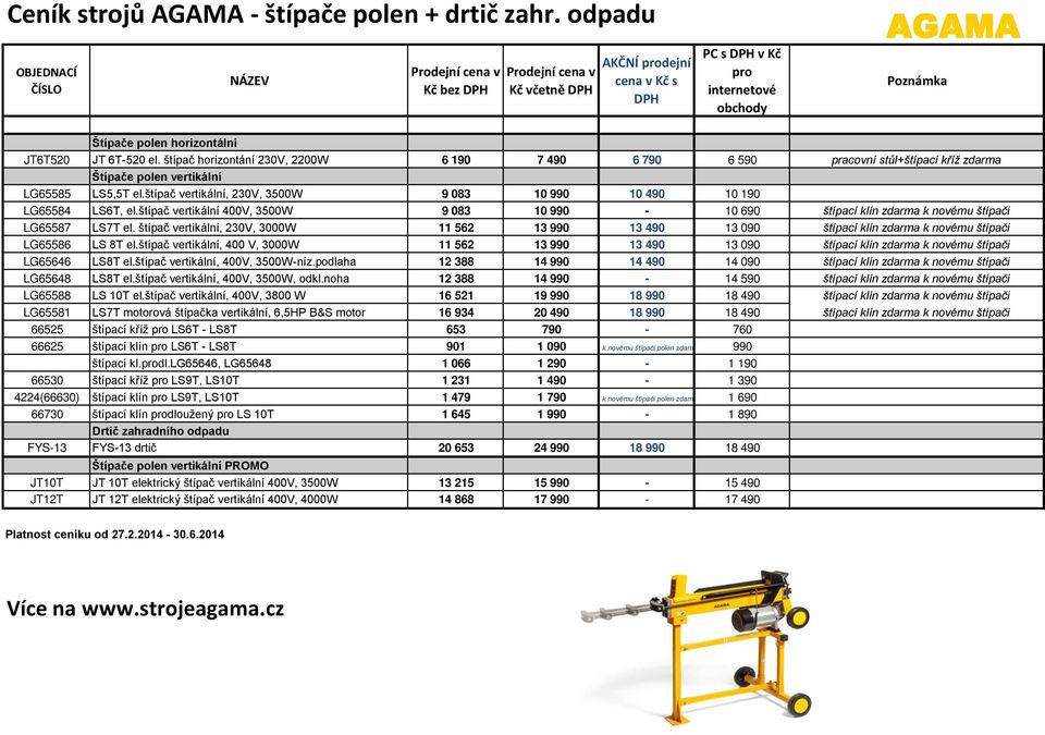 štípač vertikální, 230V, 3500W 9 083 10 990 10 490 10 190 LG65584 LS6T, el.štípač vertikální 400V, 3500W 9 083 10 990-10 690 štípací klín zdarma k novému štípači LG65587 LS7T el.