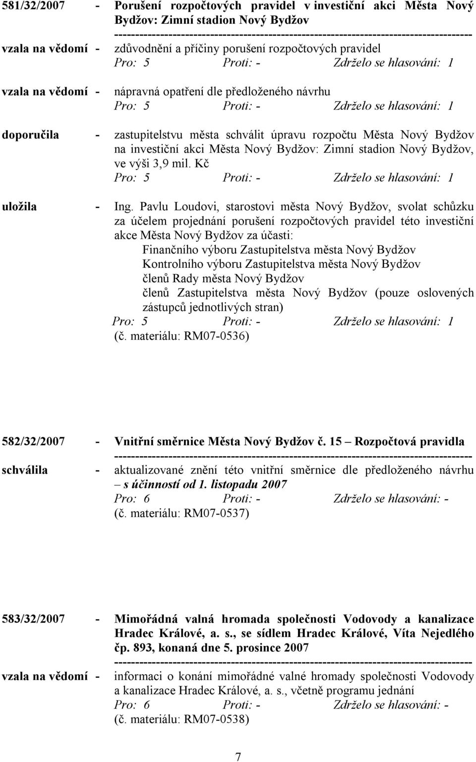 Bydžov na investiční akci Města Nový Bydžov: Zimní stadion Nový Bydžov, ve výši 3,9 mil. Kč Pro: 5 Proti: - Zdrželo se hlasování: 1 uložila - Ing.