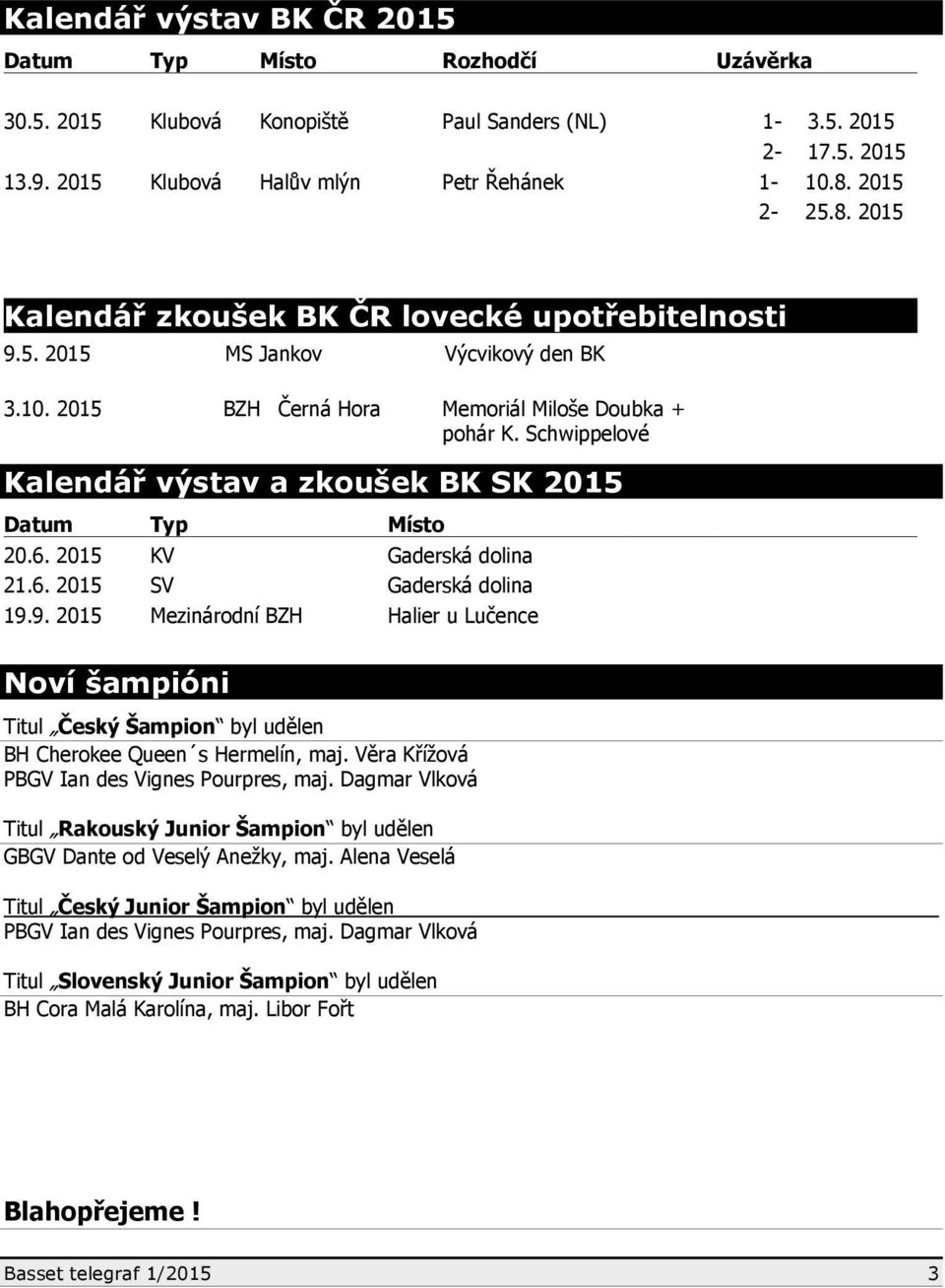 Schwippelové Kalendář výstav a zkoušek BK SK 2015 Datum Typ Místo 20.6. 2015 KV Gaderská dolina 21.6. 2015 SV Gaderská dolina 19.